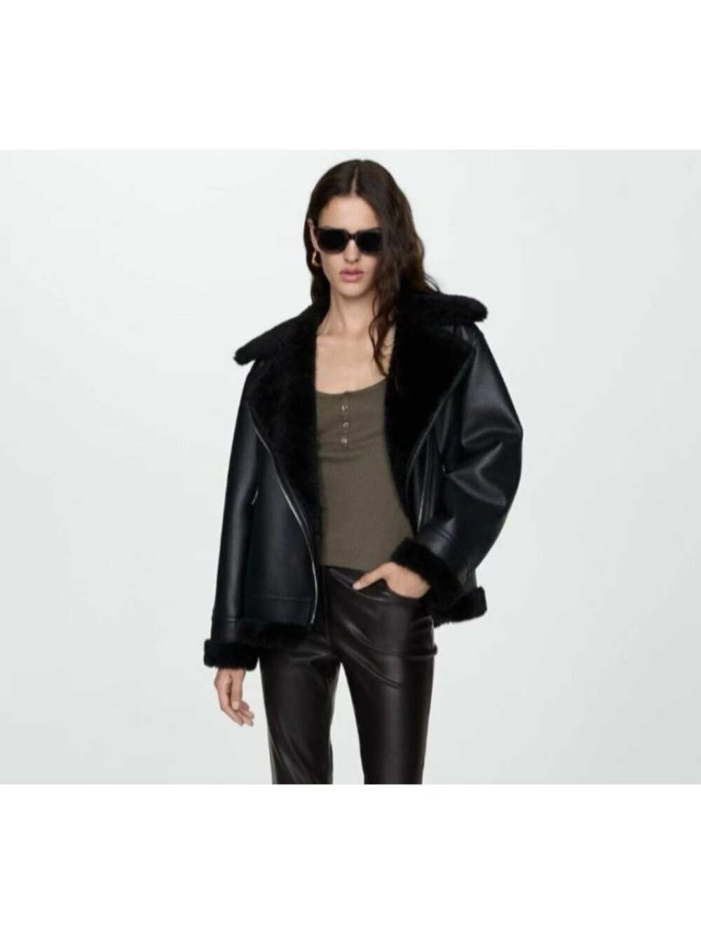 MNG Mango Faux Shearling Moto Jacket M Black Faux Leather Asymmetric Zip Biker